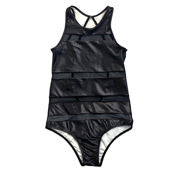 BABALÚ black faux leather & mesh high neck open back one piece swimsuit M New - Picture 1 of 13